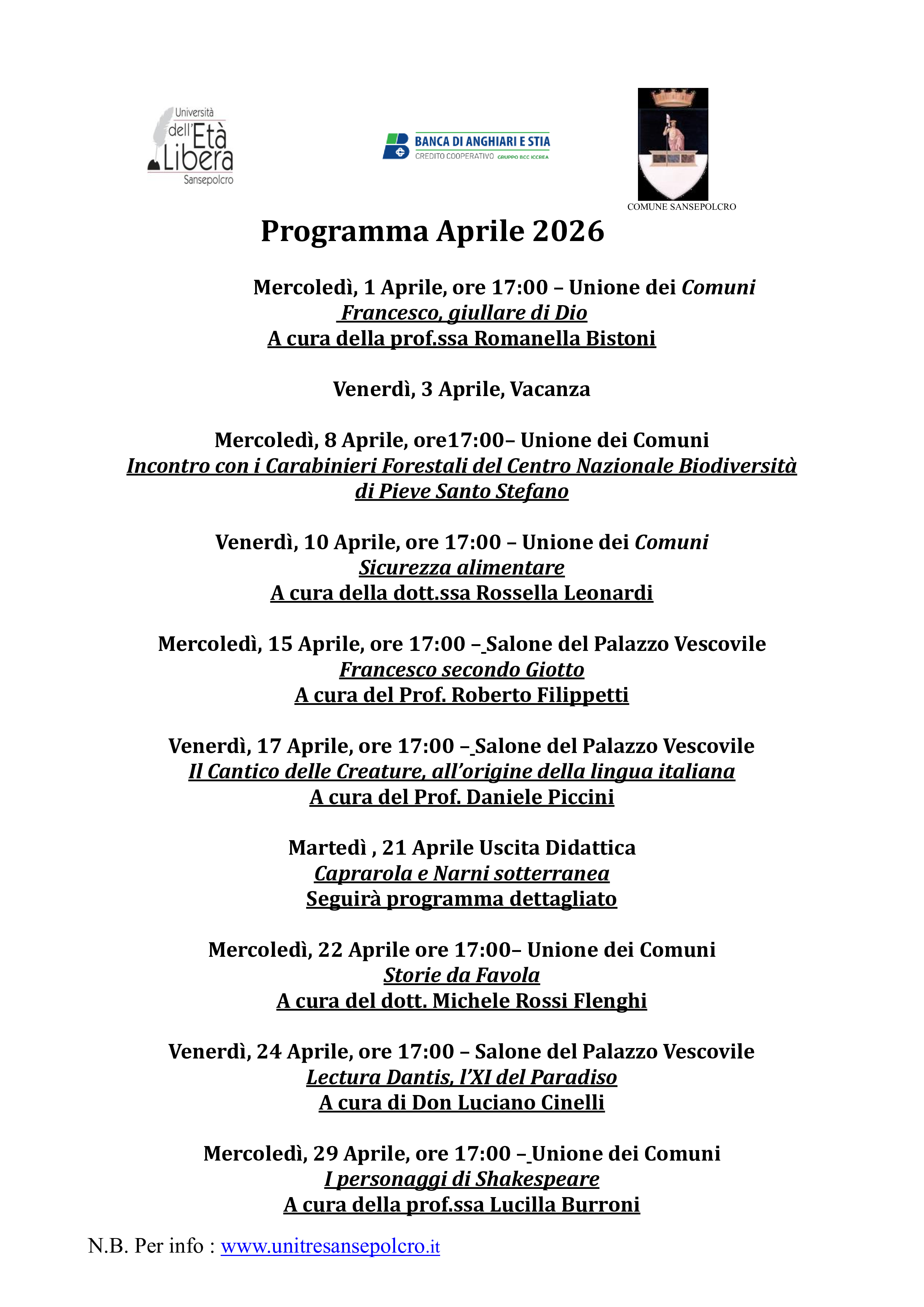 Programma Aprile 2026 inglese