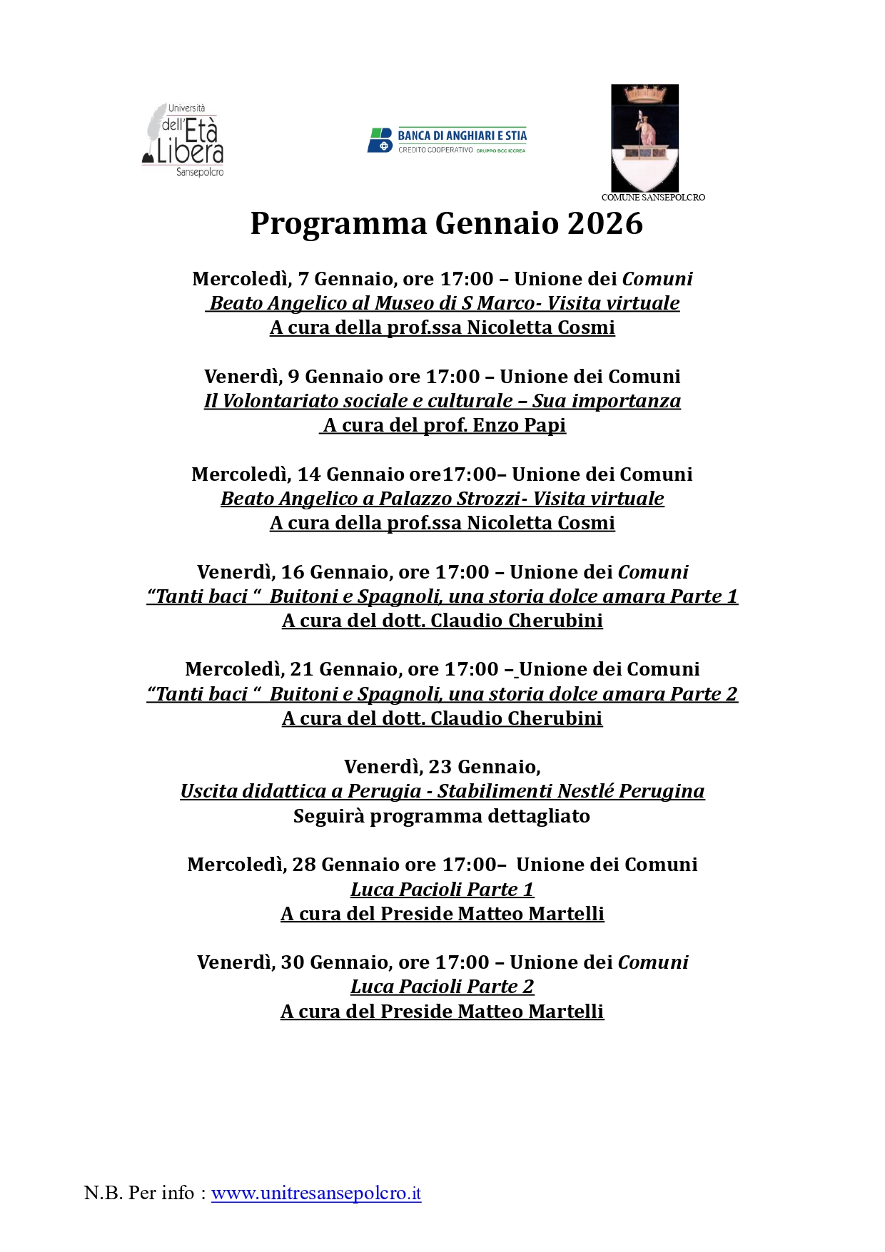 Programma gennaio 2026 Univerist� Et� Libera